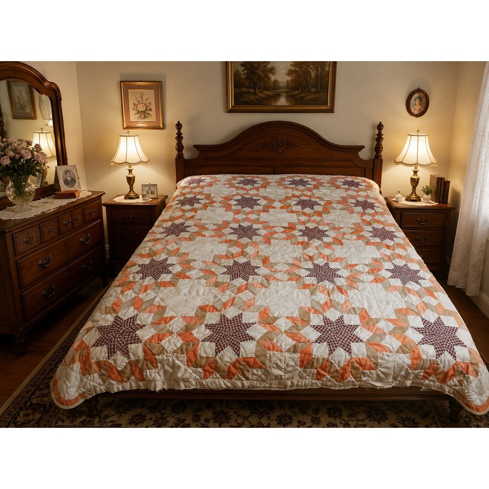 handmade kaleidoscope throw quilt orange and red patchwork stars white backging